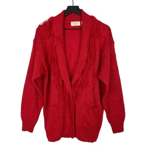 Vintage Oversize Strickjacke Pullover Fransenkragen Rot Western Damen Gr. Large - Bild 1 von 8