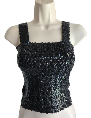 Vtg 70s Sexy Disco Glitzy Glam Black Sequin Stretch Tank Tube Top Party Club S/M - Image 1 of 4