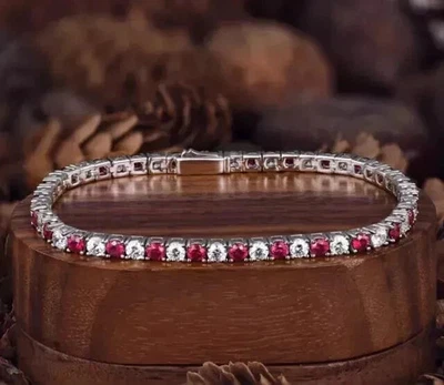 9ct 4mm Lab Created Ruby & Diamond Tennis Bracelet 14K White Gold Plated 7.5" - Image 1 of 3