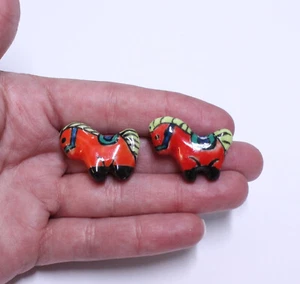 Lot of 2 Rare Antique Beads Miniature Bone China Hand Painted Horse Beads - Picture 1 of 3