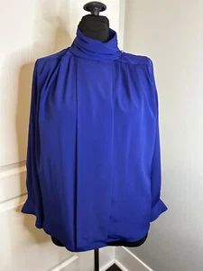 Woolf Bros Vintage 90s Light Academia Cobalt Electric Blue High Neck Blouse M - Picture 1 of 7