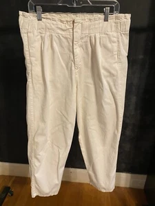 Vtg 80s White Pleated Denim Paperbag Pants I Magnin L Tapered Thick 100% Cotton - Picture 1 of 11