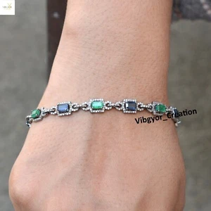 Pave Diamond Emerald Sapphire Gemstone Bracelet 925 Silver Tennis Bracelet Gift - Imagen 1 de 4