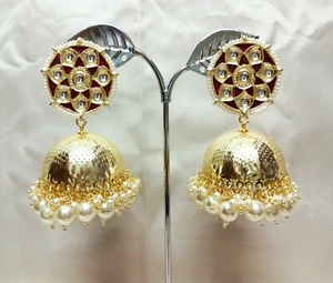 Gold Plated Pearls Red Meenakari Earrings Pierced With Kundan Stone Bridal Gift - Picture 1 of 4