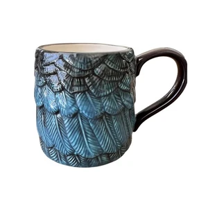 John Derian Bird Feather Pattern 15 oz Stoneware Coffee Mug Blue Green Turquoise - Picture 1 of 5