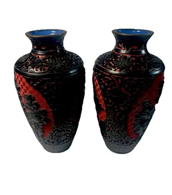 "Par de jarrones de 8"" rojo cinabrio y negro" Foto 1 de 4