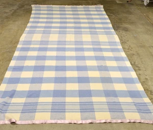 Vintage Wolle Camp Decke Überwurf blau kariert + rosa Satin Trim LG Größe 70" x 148" - Bild 1 von 11