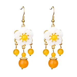 Gelbe Jade Blume Ohrringe Luxus Geschenk Damen Schmuck Natur 925 Silber - Bild 1 von 5