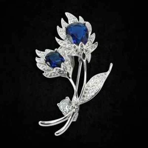 3.10Ct Oval Cut Lab Created Sapphire Flower Brooch Pin 14k White Gold Plated - Picture 1 of 6