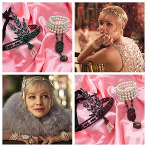 Diadema con aleta Gran Cabezal Gatsby Rugiente Años 1920 Tocado en Verde o Rojo - Imagen 1 de 20
