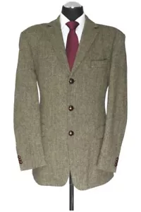 Giacca Harris tweed 52 verde oliva spina di pesce monofila 3 bottoni bottoni pelle - Foto 1 di 5