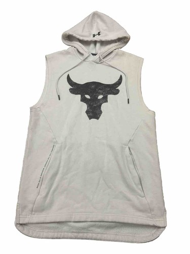 OFF WHITE Felpa con cappuccio Under Armour Project Rock senza maniche cotone caricato bianco sporco. Uomo piccolo