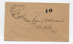c1850 Lansing MI black CDS stampless cover 10 rate green cameo backflap [6986.68 - Picture 1 of 3