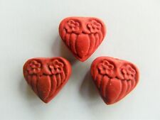 Cinnabar, Moulded Resin, Flower Patterned Heart Shaped Beads, 20mm x 6mm Approx