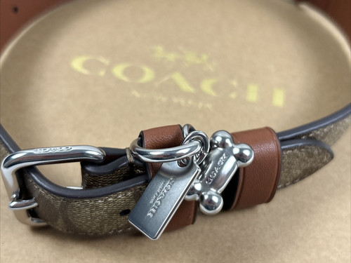 COACH taglia L collare cane kaki SIG C rivestito tela sella bordo pelle NUOVO $148