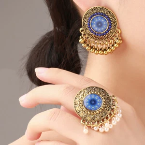 2Pcs Flower Earring Set Bijoux Wedding Jewelry Boho Pearl Tassel Jhumka Earrings - Picture 1 of 14