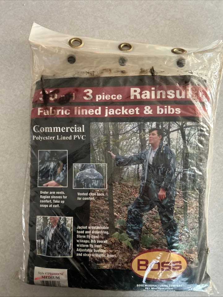 BOSS 35mil 3 Pc Camo Rain Suit Polyester Lined Hunting Jacket & Bibs  NEW  M - Image 1 of 4