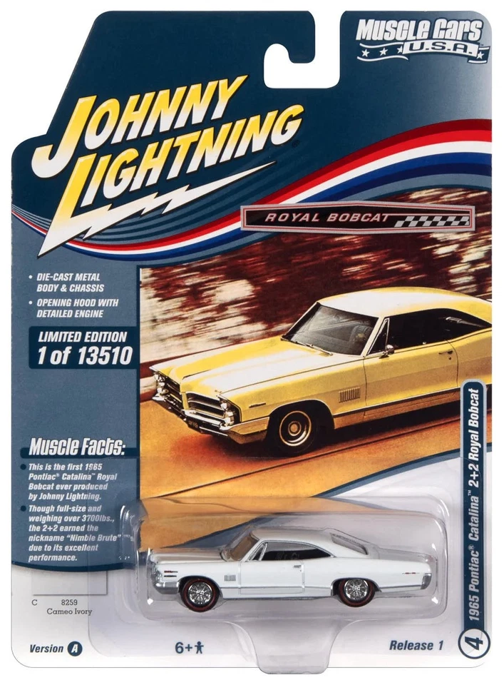 Johnny Lightning 1/64 1965 Royal Bobcat Pontiac CATALINA 2+2 (Gloss White) New - Immagine 1 di 1