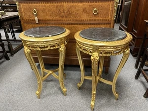 Pair of French Louis XVI Gilt Bedside / Lamp Side Tables with Black Marble Tops - Picture 1 of 7