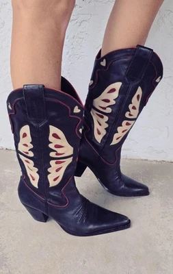 Vtg 90s Nine West Butterfly Hearts Boots Western Style Pointy Toe Cowgirl Sz 7 - Image 1 of 4