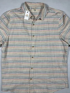 Marine Lagenlook Selvedge Baumwolle hellbraun marineblau gestreift Shirt neu mit Etikett Large Kurzarm - Bild 1 von 8