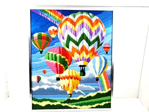 Vintage Needlepoint/Crewel Rainbow Hot Air Balloons Framed Picture - Picture 1 of 9