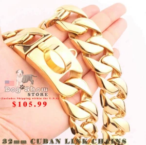 Cuban Gold pet Chain 32mm Dog Show Collar 316L Stainless Steel-AUTHORIZED SELLER - Picture 1 of 12