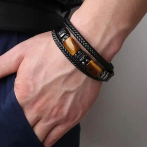 Bracciale portafortuna uomo occhio di tigre pelle intrecciata moda guarigione forza regali - Foto 1 di 14