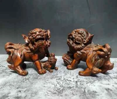 BY206 - 9 x 7,5 x 5 CM Estatuilla Tallada de Boj - Par Foo Dog León Foto 1 de 4