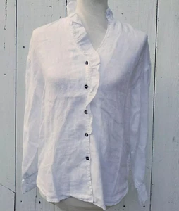 XCVI Women White Collared Long Sleeve 100% LINEN Ruffled Button Up Shirt Sz S - Picture 1 of 9
