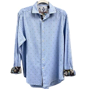 Robert Graham Mens M Button Up Shirt Blue Pin Stripe Paisley Cuffs Long Sleeve - Picture 1 of 6