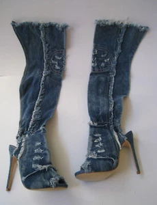 PAZZLE BLUE DENIM OVER THE KNEE THIGH HIGH STILETTO ZIP BOOTS WOMEN'S US 6 HOT - Picture 1 of 12