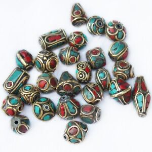 50pcs Mixed Handmade Tibetan Metal Beads Nepal Turquoise Antique Gold 8~13mm