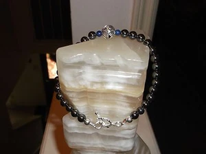 MEN'S HANDMADE 9" 8 MM BLACK HEMATITE/BLUE LAPIS/SS  FOCAL BEAD BRACELET - Picture 1 of 8