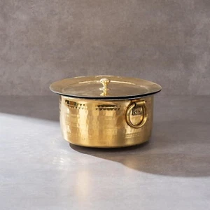 Brass Patila Vessel For Cooking (1 Litre) Heavy Bottom Hammered Handi Golden - Picture 1 of 4