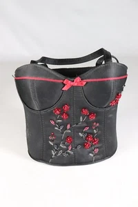 VTG Corset Purse Black Satin Embroidered Red Flowers Bustier Handbag (Luv) - Picture 1 of 8