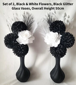 2 x HANDMADE ARTIFICIAL BLACK & WHITE FLOWERS, GRASSES, BLACK GLITTER BULB VASES - Picture 1 of 5