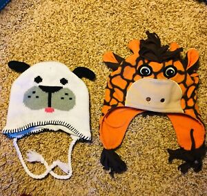 Set/2Toddler White Dog & Giraffe Animal Character Stocking Caps Hat Size 2T-5T