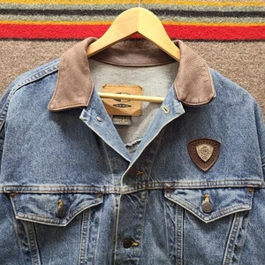 Giacca camionista jeans blu denim vintage anni 90 uomo grande collo foderato pelle - Foto 1 di 11