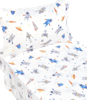 Juego de sábanas para niños pequeños de dibujos animados 100 % algodón viaje espacial robot y astronauta... Foto 1 de 4