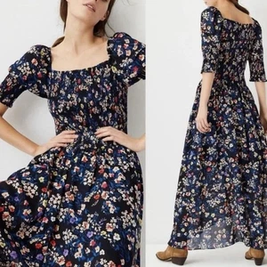 Ann Taylor Womens Smocked Maxi Peasant Dress Size 16 Floral Boho Square Neck - Picture 1 of 10