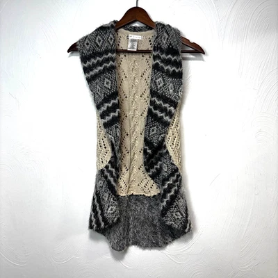 Max Studio Girls Cardigan Sweater Knit Faux Fur Sleeveless Lace Beige Gray Girls - Image 1 of 4