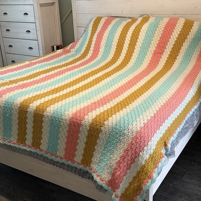 美丽复古大型钩针编织手工条纹毯约 80x100 — 第 1/4 张图片