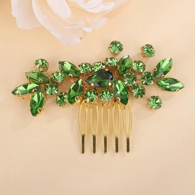 Rhinestone Bride Wedding Hair Comb Green Crystal Bridal Hair Side Comb Hair A... - Image 1 of 4