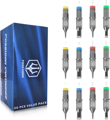 UP TATTOO SUPPLY Poseidon Tattoo Cartridge Needles 50Pcs Assorted Mixed Size round Liner Shader