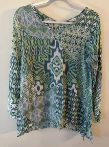 Nomadic Traders Tunic Blouse Women Medium Rayon Green/Blue Long Sleeve V-neck - Picture 1 of 5