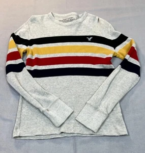 American Eagle Shirt  Women's  XS 1P Long Sleeve Waffle Black Yellow Red Striped - Picture 1 of 15