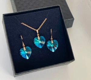 Edel Schmuckset Herz Halskette Ohrringe Crystal 750er Gold 18K vergoldet Box - Bild 1 von 8