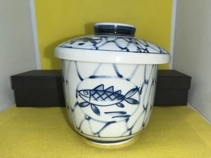 Set of 2 Japanese Hand Painted Blue Fishes Porcelain Teacups w/Lid, & 1 w/o Lid - Picture 1 of 6