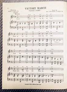 Hoja de Canción de Lucha UNIVERSIDAD DE NOTRE DAME c1945 "Victory March" - Imagen 1 de 1